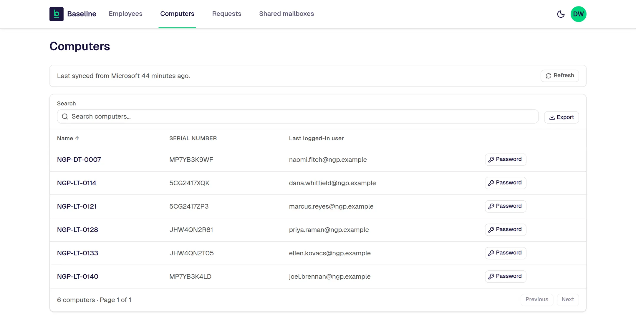The Baseline Manager Portal Computers screen listing six fictional company computers. Each row shows the computer name, its serial number, the last person who signed in to it, and a Password button that issues a temporary local administrator password.