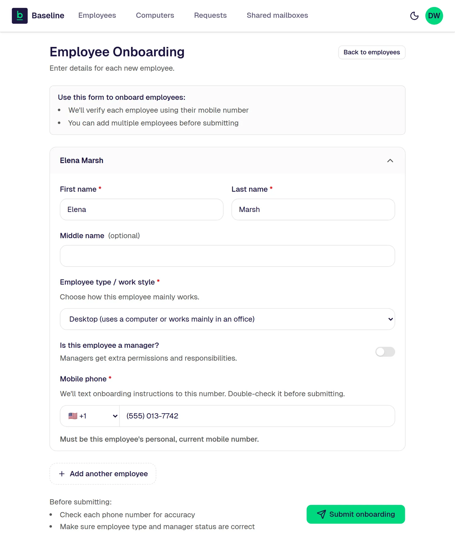 The Baseline Manager Portal onboarding form, filled in for a fictional new employee named Elena Marsh. The manager enters a first and last name, chooses whether the employee uses a computer or works only from a phone, sets whether they are a manager, and provides a mobile number that Baseline texts the setup instructions to. A Submit onboarding button completes the request.