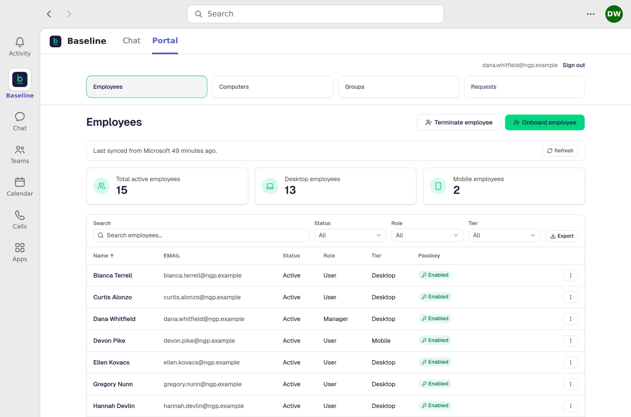 The Baseline Manager Portal open inside Microsoft Teams, pinned in the left app rail. The Employees screen for a fictional 15-person company shows a summary row of 15 total active employees, 13 desktop employees, and 2 mobile employees. Below it a table lists each employee with their work email, status, role, desktop or mobile type, and whether their passkey is enabled. A notice above the summary says when employees were last synced from Microsoft.